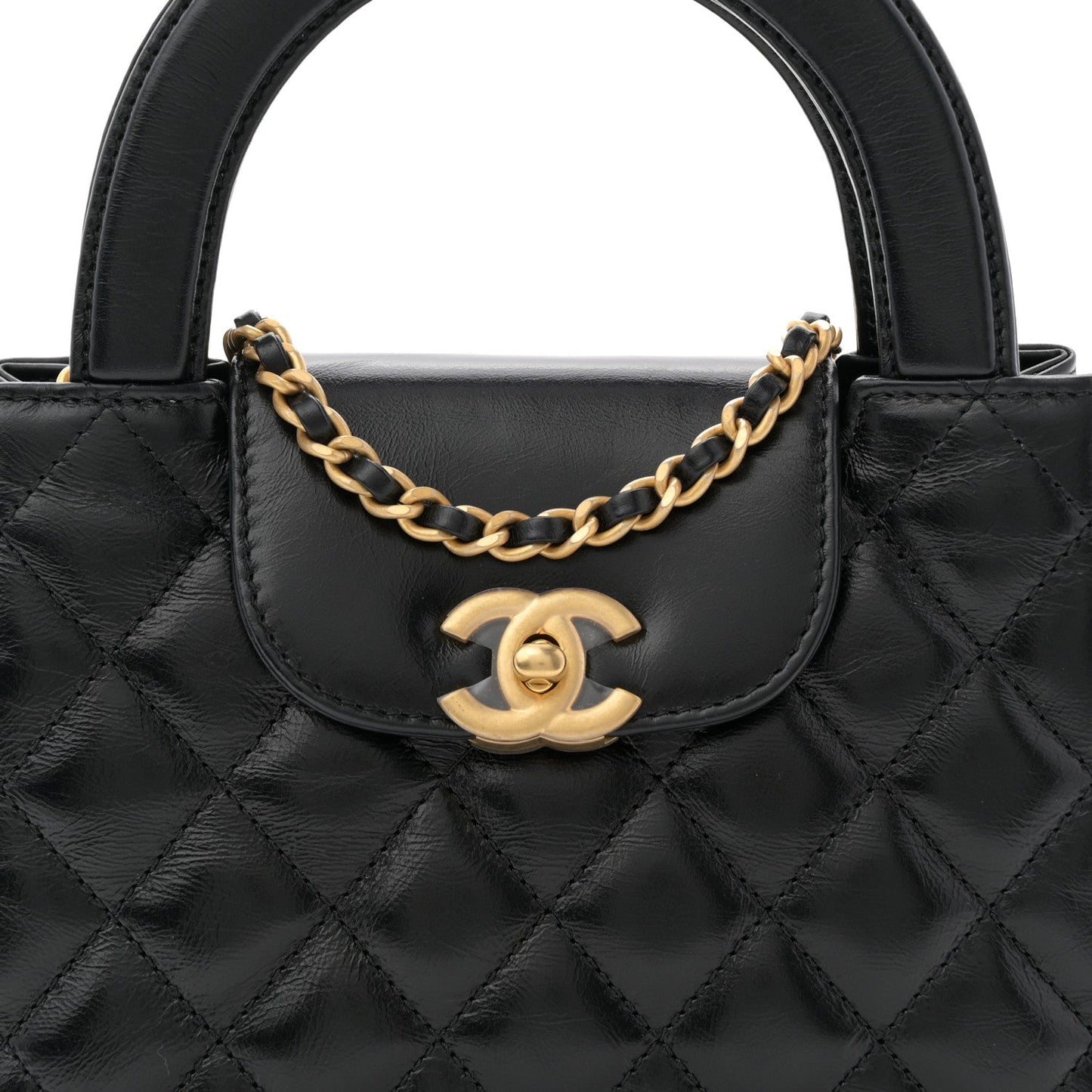 Shiny Aged Calfskin Quilted Nano Kelly Shopper Black
