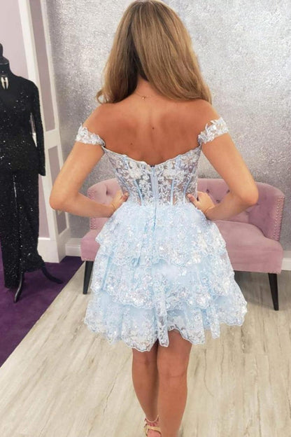 Glamorous Dark Blue Off-The-Shoulder A-Line Tiered Short Party Dress