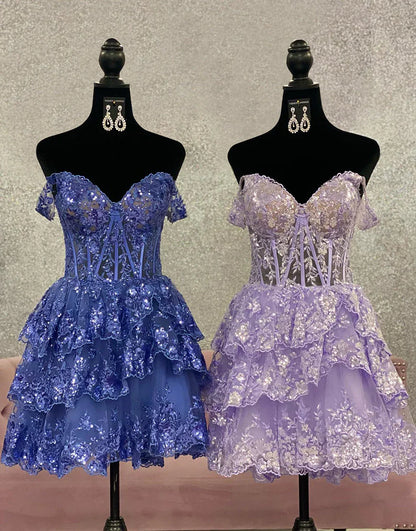 omberprom Sweetheart Short Prom Dress Party Dress Off The Shoulder A-Line Tiered Homecoming Dress Cute Graduation Dress