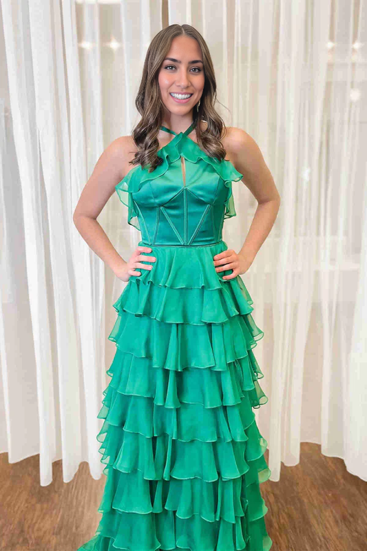 omberprom Elegant Evening Dress Halter Keyhole Ruffle Tiered Prom Dress with Slit