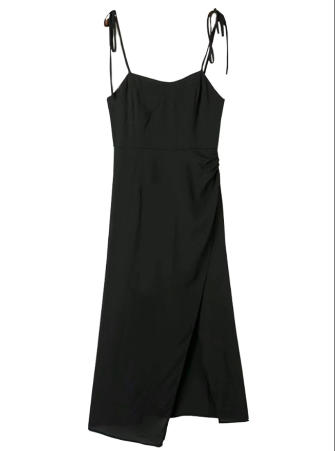 2025 Summer New French Retro Black Waist Cross High Waist Suspender Dress R0978