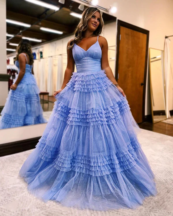 omberprom A-Line V Neck Tiered Long Tulle Prom Dress Charming Evening Party Dress