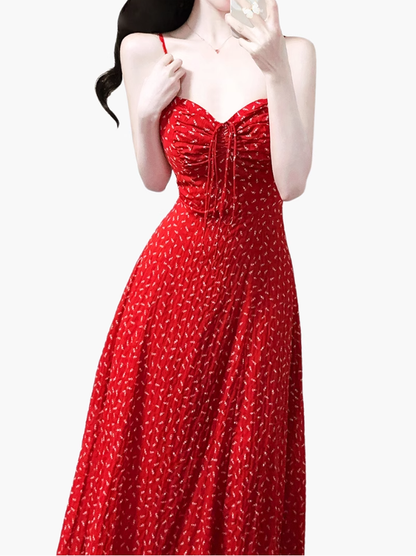 2025 summer new red floral temperament slim medium-length suspender dress R0924
