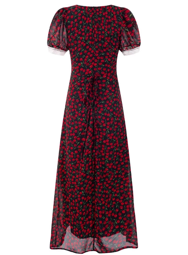 2025 Summer New French Red Cherry Floral Square Neck Short Sleeve Long Dress R0930