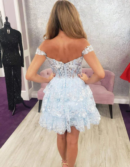 omberprom Sweetheart Short Prom Dress Party Dress Off The Shoulder A-Line Tiered Homecoming Dress Cute Graduation Dress