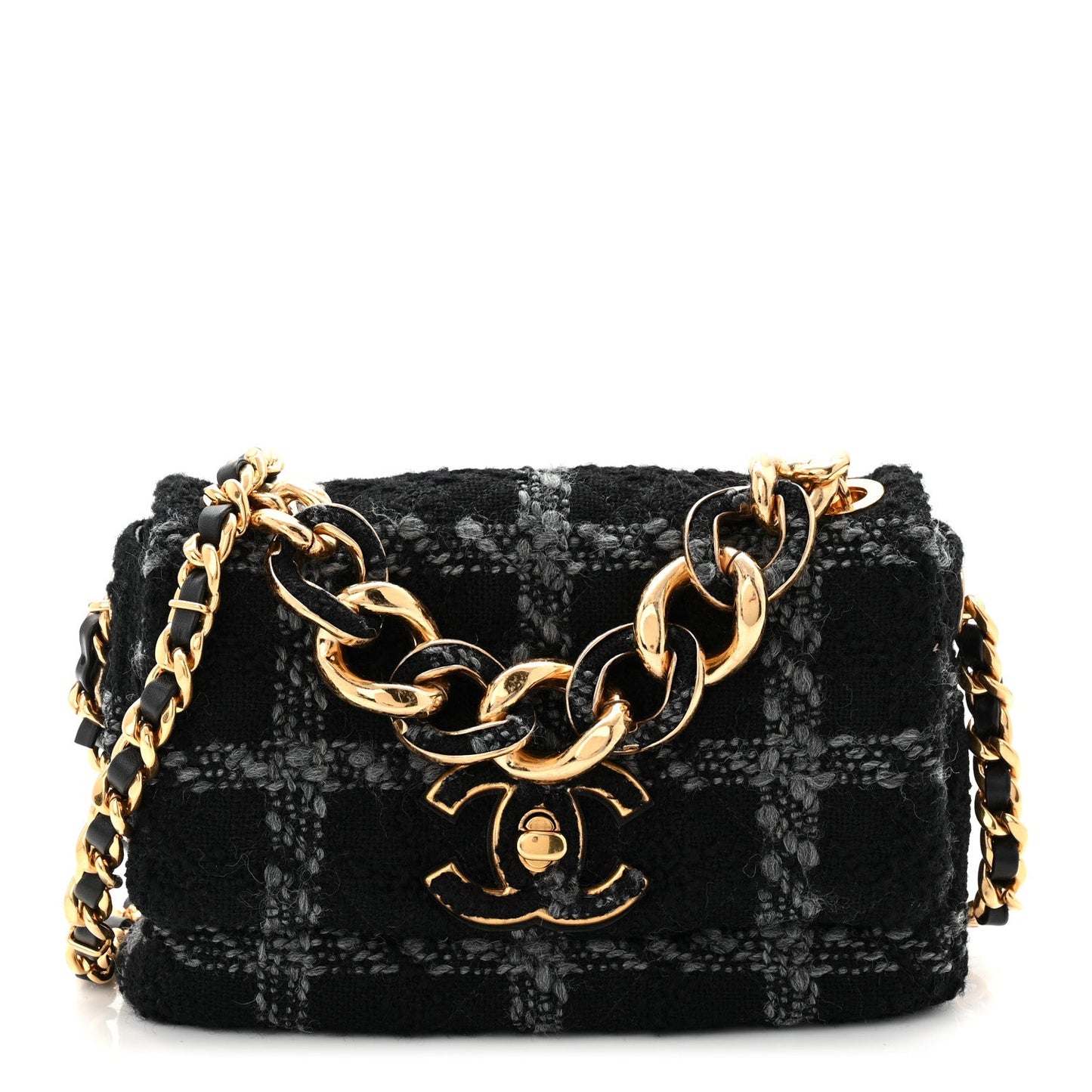 Wool Tweed Quilted Small Elegant Chain Flap Black Grey