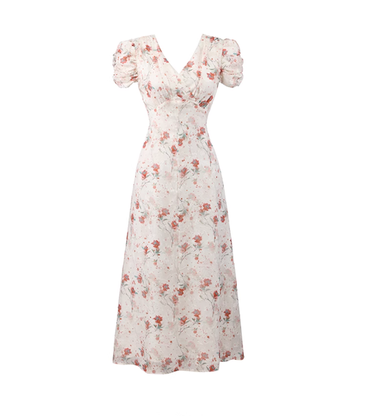 Begonia floral V-neck dress new French gentle puff sleeve temperament design long dress R0117