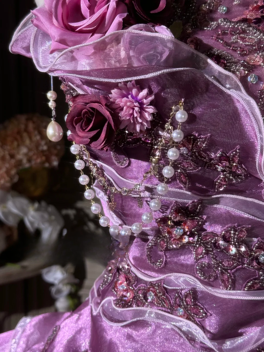 Elegant Lilac Strapless Ruffled Floral & Pearl Embellishments Layered Tulle Ball Gown TP5131