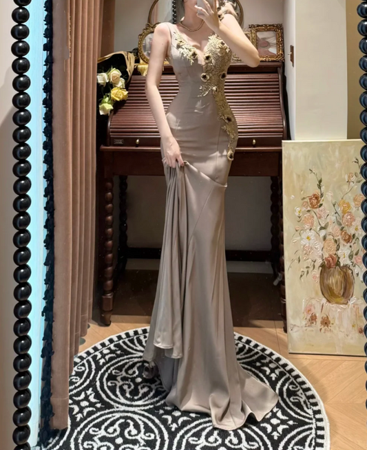 Vintage V Neck Satin Lace Appliques Mermaid Party Dress Evening Gown Long Wedding Guest Dress