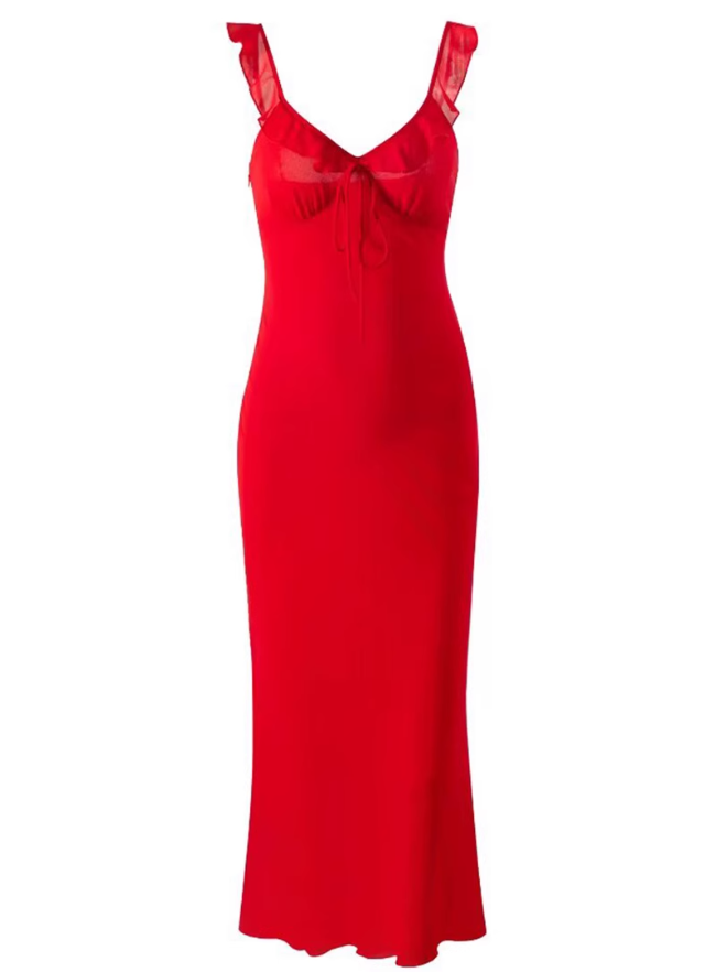 2025 Summer New Red Sexy Dress V-neck Date High-end Holiday Dress R0936