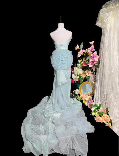 Charming Strapless Blue Tulle Mermaid Long Party Dress Birthday Prom Gown