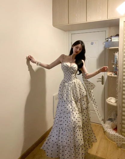 Cute Spaghetti Straps White Chiffon Dot Layered A Line Long Prom Gown Formal Birthday Party Dress