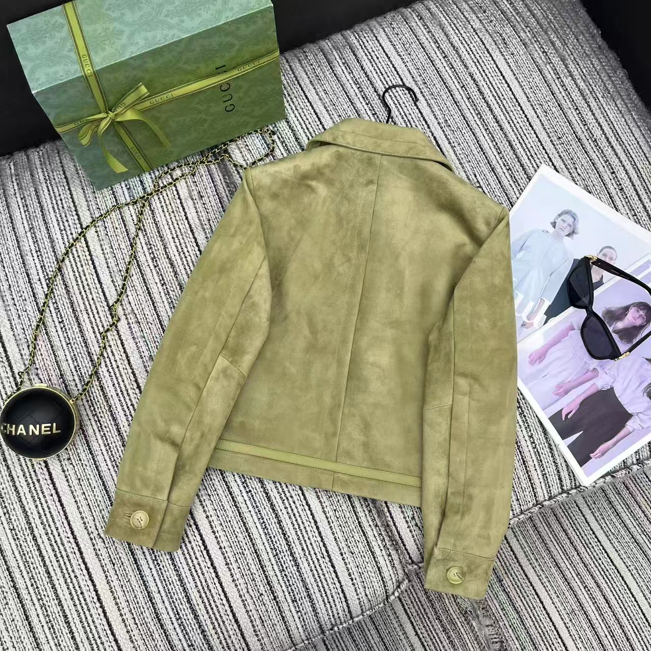 GG 25FW Metal Chain Hem Lapel Jacket Olive Green Suede Lambskin