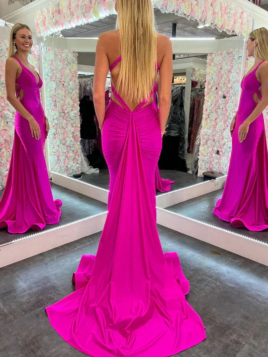 omberprom Mermaid Evening Dress Pink V Neck Backless Satin Long Prom Dress