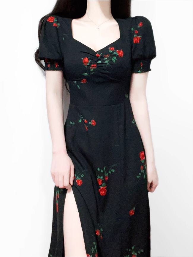 2025 Summer New French Retro Square Neck Black Floral Puff Sleeve Dress R0908