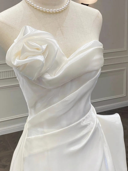 Elegant White Mermaid Strapless Satin Wedding Dress with Train P4089