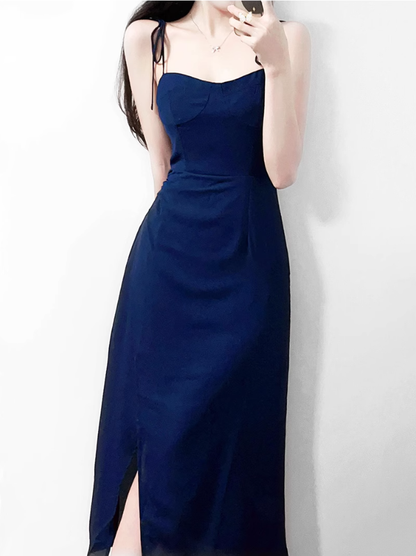 2025 Summer New French Retro Blue Waist Cross Pleated Suspender Dress R0971