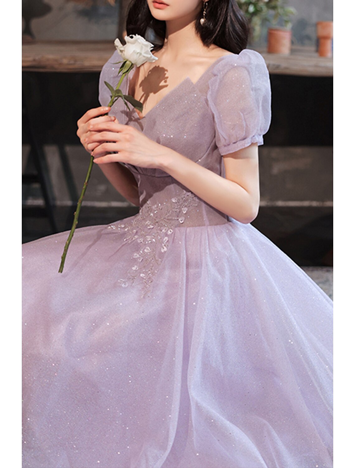 omberprom A-Line Prom Dresses Gowns Evening Dresses Valentine's Day Wedding Guest Floor Length Short Sleeve V Neck Tulle with Sequin
