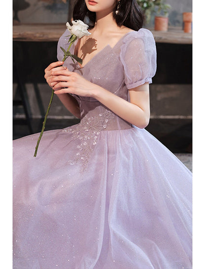 omberprom A-Line Prom Dresses Gowns Evening Dresses Valentine's Day Wedding Guest Floor Length Short Sleeve V Neck Tulle with Sequin