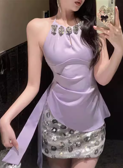 2025 Sleeveless Halter Neck Ribbon Top with Flower Sequins Hip Skirt Set R1385