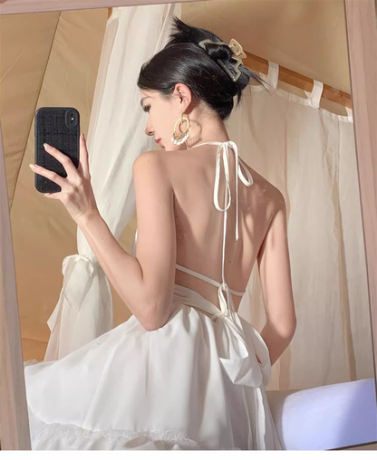 New Stylish White Sleeveless Backless Beach Casual Halter Dress TP2970
