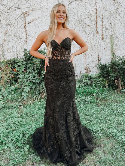 omberprom Elegant Mermaid Evening Dress Strapless Lace Prom Dress With Appliques