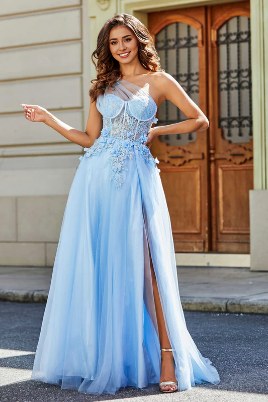 omberprom Elegant Evening Dress Corset Bodice One Shoulder Tulle Dress Prom Dresses