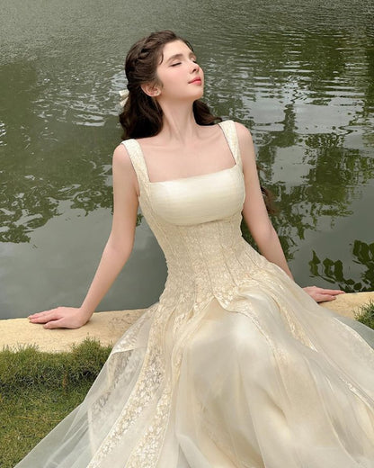 Apricot gentle sling waist slimming A-line long skirt homecoming dress R3623