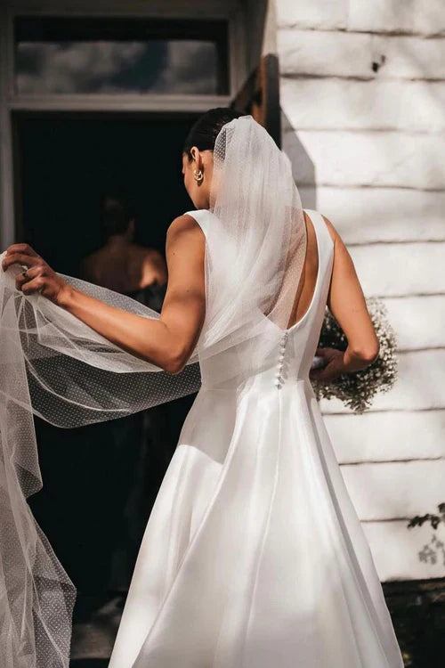 omberprom Elegant Simple A-Line Square Neck Satin Wedding Dresses