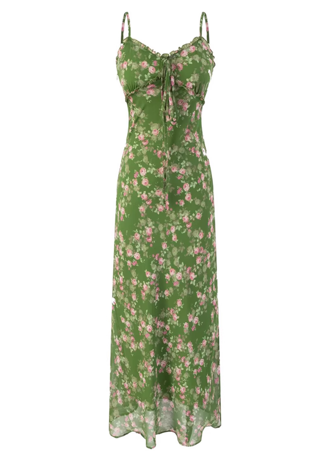 2025 Summer New Green Floral Seaside Vacation Mid-Length Suspender Dress R0941