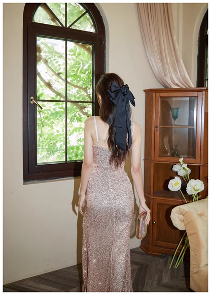 Sparkly Spaghetti Straps Champagne Gold Sequin Slit Mermaid Long Prom Dress Evening Gown