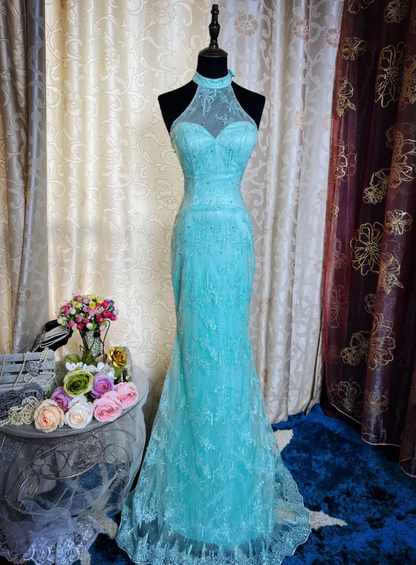 Glamorous Sleeveless Mint Green Lace Beaded Mermaid Long Prom Dress Formal Birthday Evening Gown SP1893