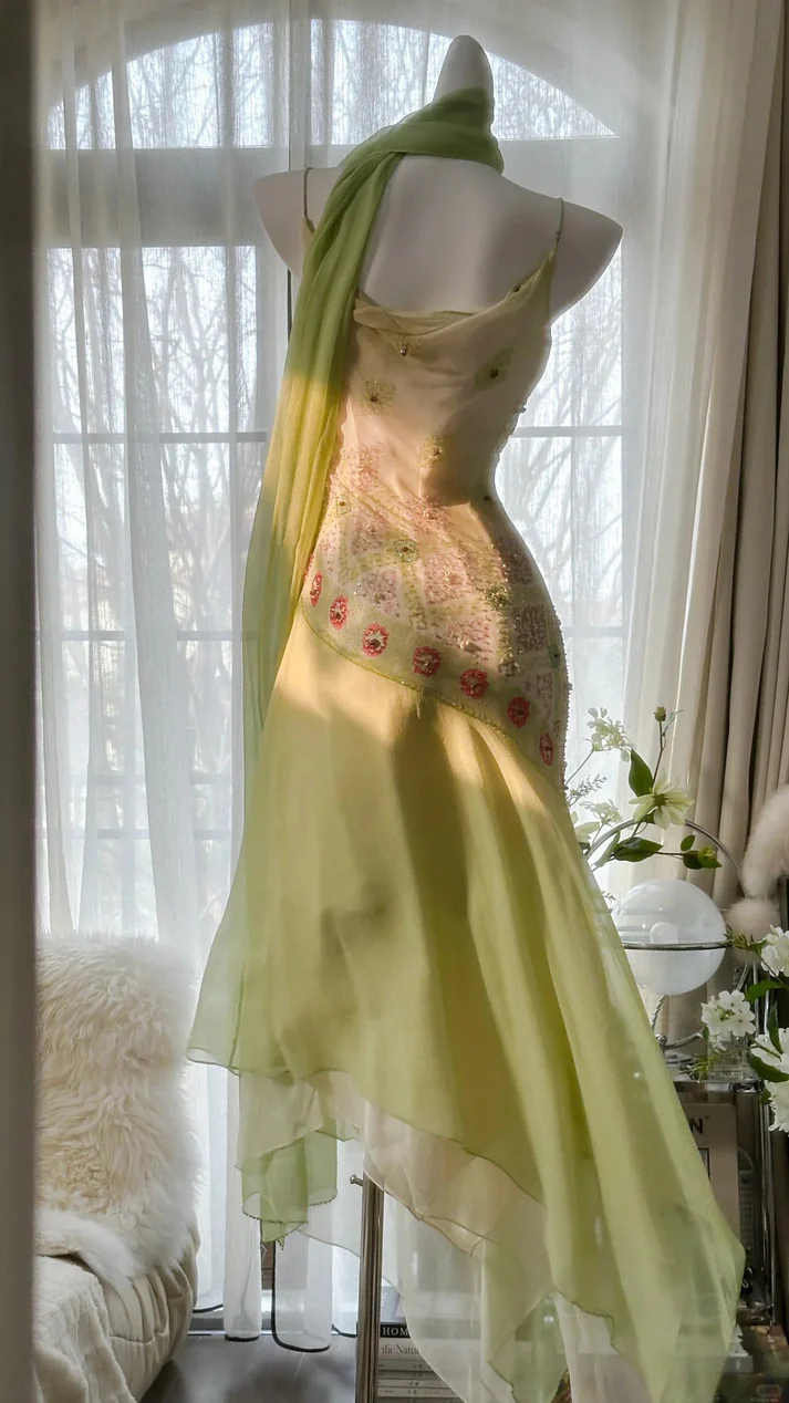 Classy Green Spaghetti Straps Chiffon Beaded Mermaid Long Evening Dress 18th Birthday Outfits SP1731