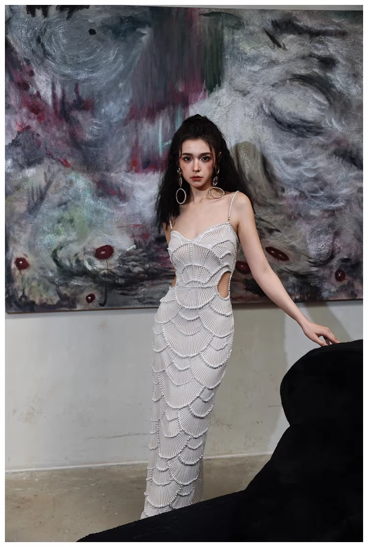 Unique Spaghetti Straps Sequin Pearls Sheath Slit Long Party Dress Birthday Evening Gown
