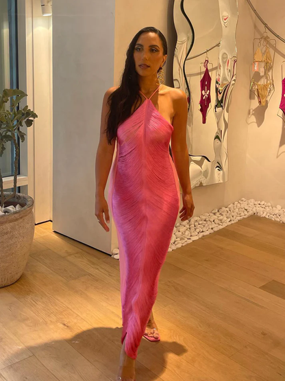 Pink Halter Mermaid Long Prom Dress Formal Evening Gown Y8477