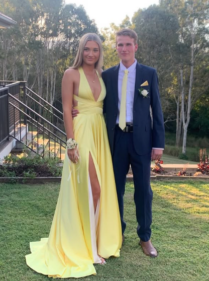 Modest Yellow Satin Long Evening Dresses with Side Slit Formal Party Dress  Y5217
