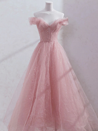 Pink Off Shoulder Tulle Tea Length Prom Dress, Tulle Formal Dress Y1281