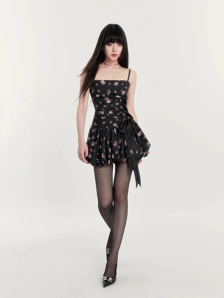 Black halter waist pleated floral bud short skirt homecoming dress R5263