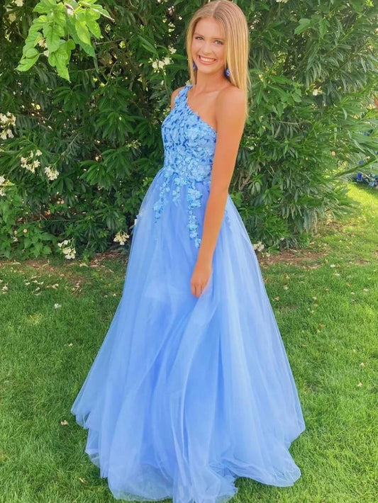 Sky Blue One Shoulder Applique Tulle Prom Dress