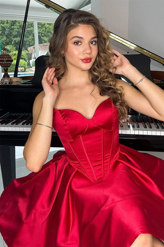 PM531,Sweetheart Red Satin A-Line Homecoming Dress, Mini Dance Gown