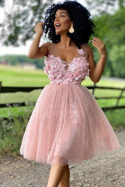 omberprom A-Line Graduation Dresses Beaded Tulle Homecoming Dress with Flowers