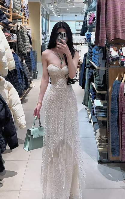 White strapless waist-cinching elegant long prom dress R7919