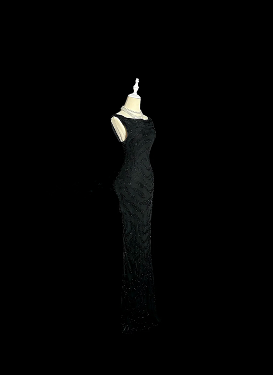 Black sleeveless sequined fitted waist sexy ball gown R6613