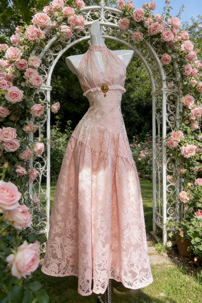 Cute Pink Halter Satin Lace Floral A Line Birthday Prom Dress Long Party Gown SP1567