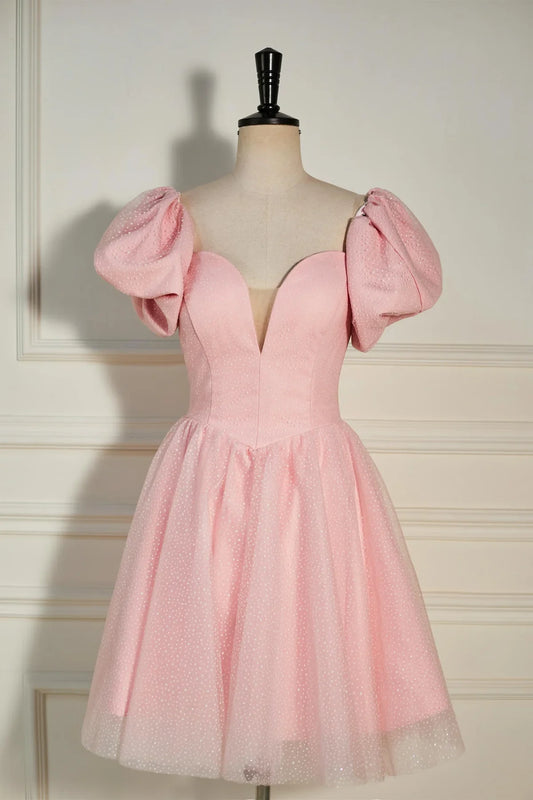 PM540,Pink Plunging V Neck Dot Lace-Up A-line Homecoming Dress