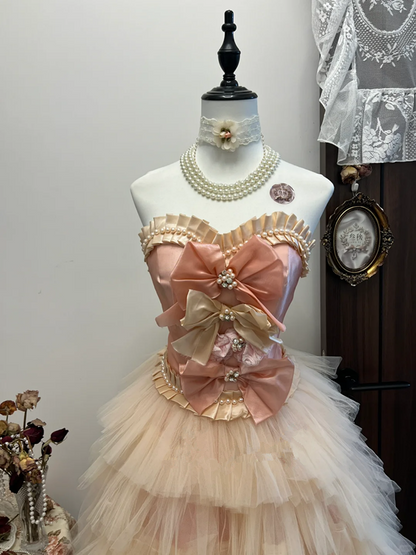 Pink tube top three-dimensional flower waist cute cake tulle skirt short skirt homecoming dress R4271