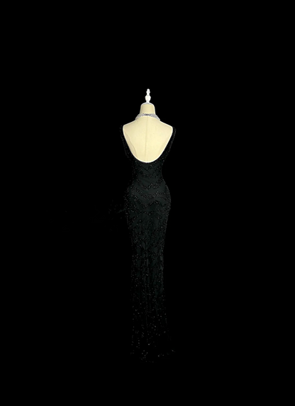 Black sleeveless sequined fitted waist sexy ball gown R6613