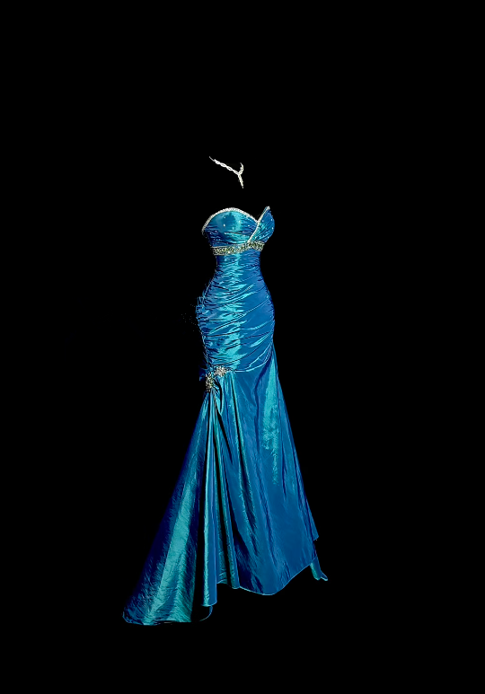 Blue strapless, fitted waist, pleated hips, long fishtail skirt, ball gown R8102