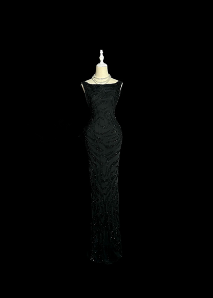 Black sleeveless sequined fitted waist sexy ball gown R6613