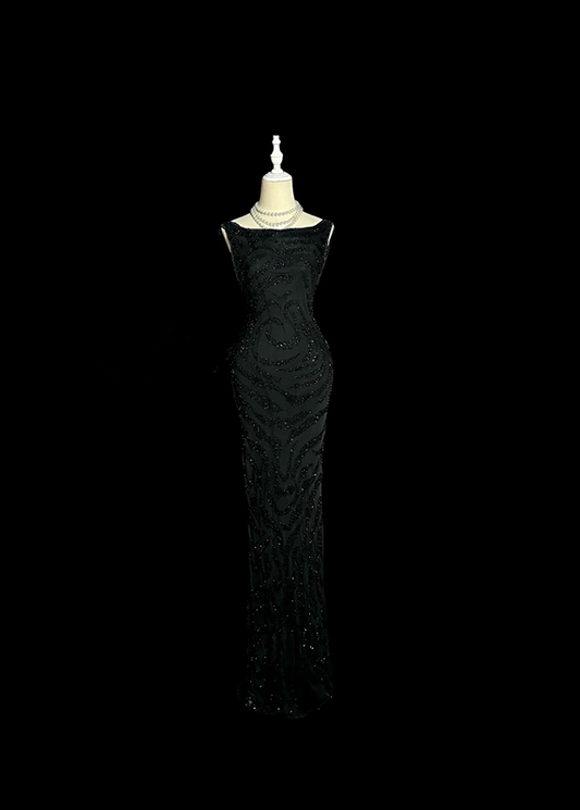Black sleeveless sequined fitted waist sexy ball gown R6613
